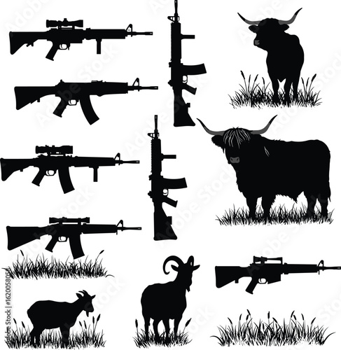 Vector silhouette design of rifles and farm animals, goat, sheep, bull in grass, conceptual illustration, weapon contrast, rural livestock graphic, unique artwork