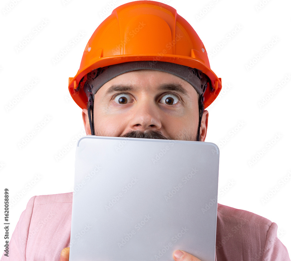Portrait of young construction engineer wear orange hard hat, in a pink jacket standing on red studio background. A man with a tablet in his hands. Portrait of young construction engineer wear orange hard hat, in a pink jacket standing on red studio background. A man with a tablet in his hands.