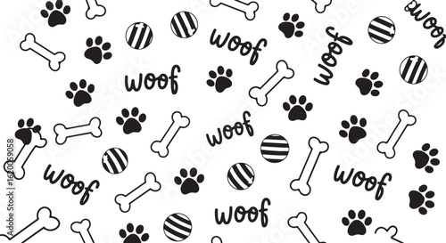 Cute dog paw prints bone shapes and woof text isolated on transparent background