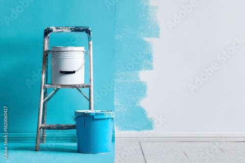 Room being painted teal; ladder and buckets