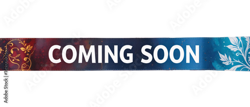 coming soon card design with a red ribbon bow and paper decorations