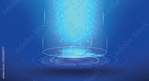 Futuristic Technology Stage with heart 3D shape  and Holographic Podium illustration