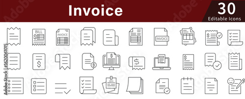 Invoice Line Icons Set with Editable Stroke for Billing, Payment, Business, and Financial Documentation