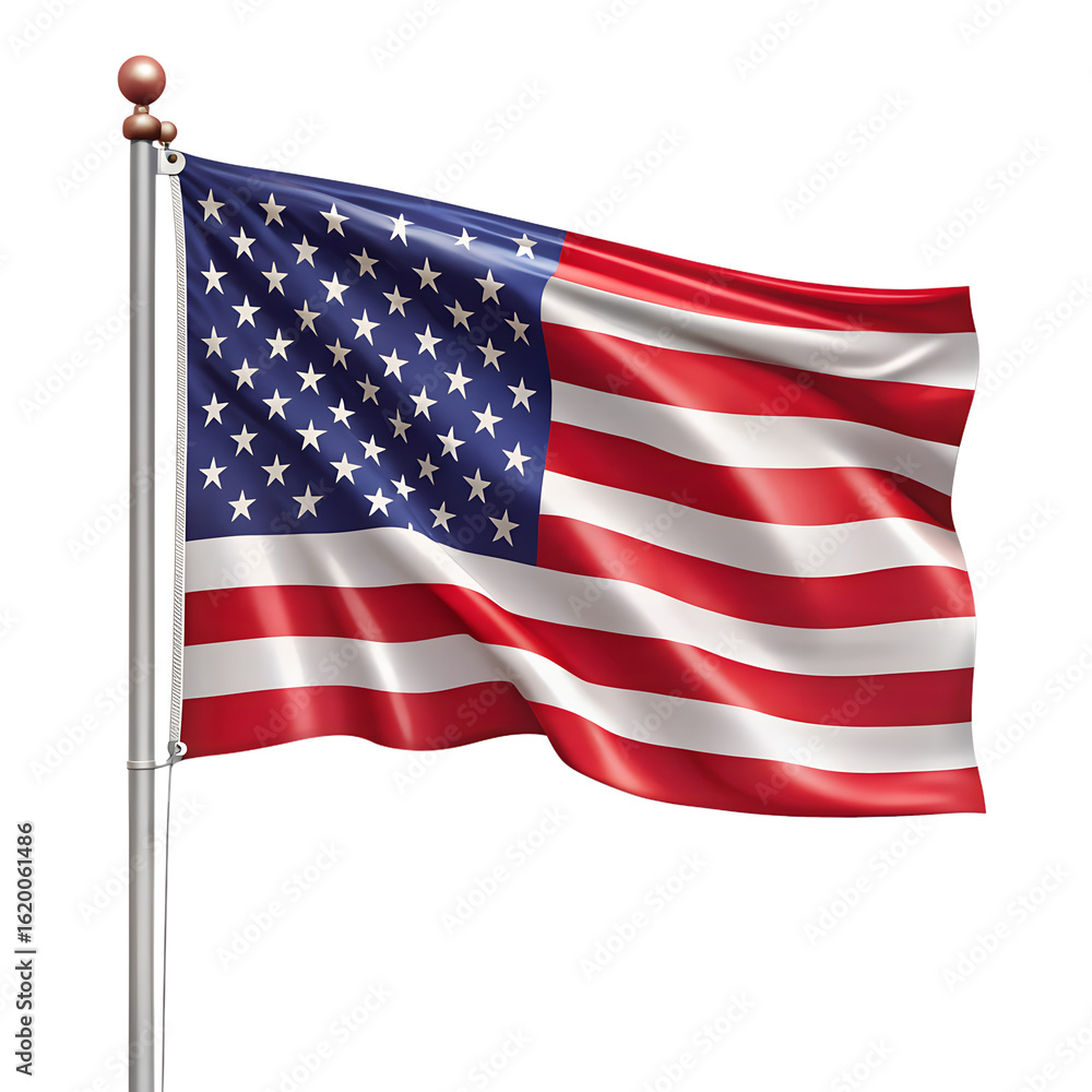Fototapeta premium The american flag waving proudly on a flagpole, isolated on transparent background