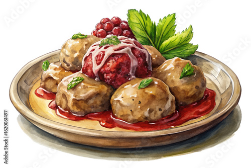 Vector banner of Swedish meatballs with rich gravy, mashed potatoes, lingonberry sauce, and greens. Perfect for comfort food menus and Scandinavian cuisine branding
