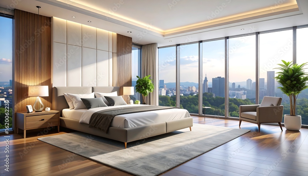 Fototapeta premium Modern bedroom with city view (29)