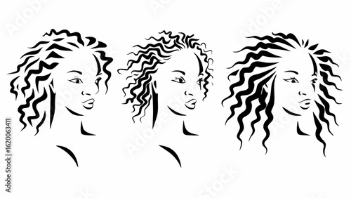 Three stylized portraits of women with curly hair in black and white line art design style