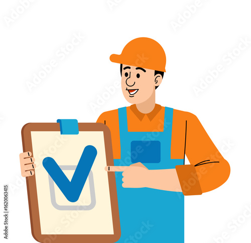 Worker in uniform holding a checklist clipboard. Represents inspection, quality assurance, delivery service, or inventory management concepts.