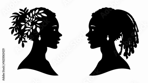 Two black silhouette profiles facing each other one with leaves and flowers in hair the other with dreads