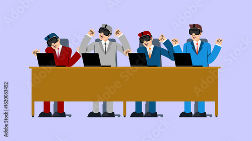 Vector of a business team using VR headsets around a table. Represents corporate training, virtual meetings, innovation, and digital transformation scenarios.
