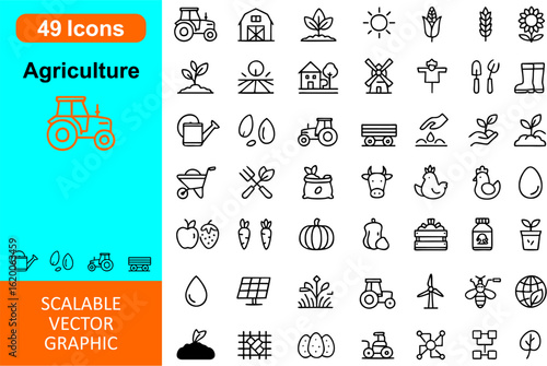 Comprehensive vector icon set for agriculture — includes crops, tractors, barns, farming tools, irrigation, and eco symbols. Perfect for farm, food, sustainability, and rural projects.

