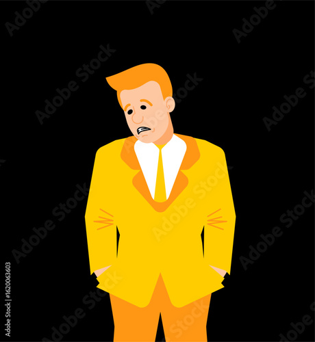 Sad businessman in yellow suit on dark background. Concept of failure, bankruptcy, unemployment, and economic downturn. Ideal for crisis, stress, and corporate issues.