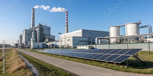 Modern power plant with solar panels and chimneys producing energy in a sustainable environment utilizing renewable resources against a clear blue sky.