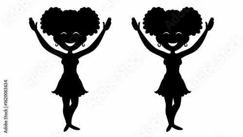 Two silhouettes of a girl with afro puffs wearing a dress and raising her arms in a happy pose
