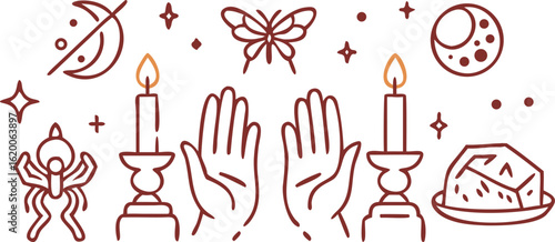 Mystical symbols including hands, candles, moon, and butterfly magic occult