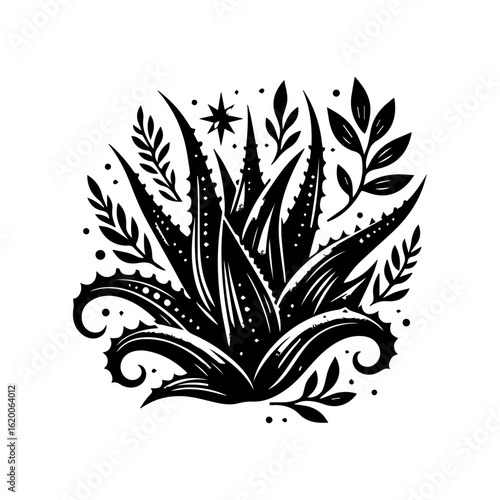 Black and White Aloe Vera Plant Illustration 1.