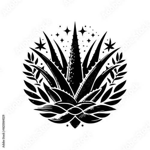 Black and White Aloe Vera Emblem with Stars.