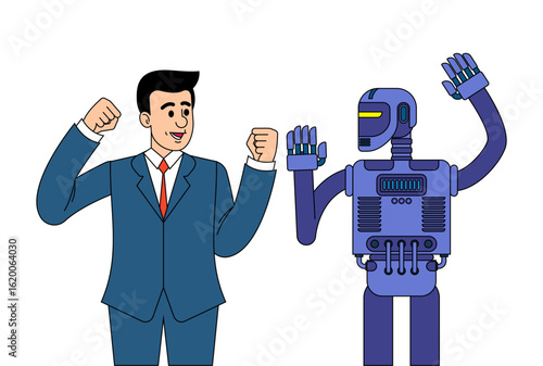 businessman arguing with a robot. Concept of human vs AI conflict, automation threat, and workplace disruption. Great for tech, business transformation, and AI ethics themes.
