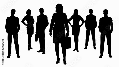 Silhouette of a business team with a woman in the front holding a briefcase and leading them all