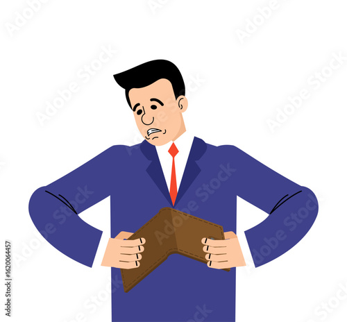 businessman holding an empty wallet with a disappointed expression. Represents poverty, debt, lack of money, or personal finance struggles. Great for topics on budgeting or bankruptcy.
