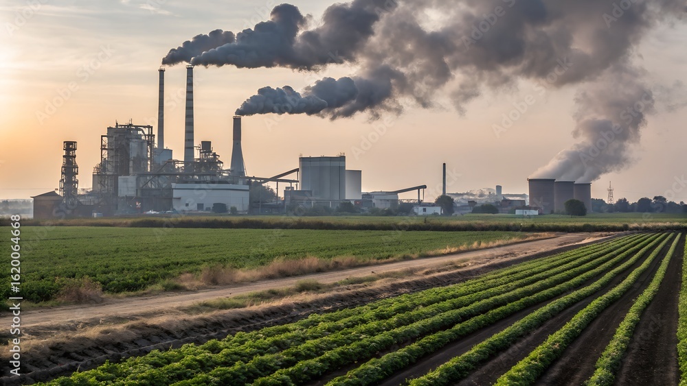 Industrial power plant with smokestacks emitting pollution over agricultural fields illustrating environmental concerns and climate change effects. Industrial power plant with smokestacks emitting pollution over agricultural fields illustrating environmental concerns and climate change effects.