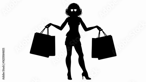 Silhouette of a woman with sunglasses holding two shopping bags in each hand on a white background