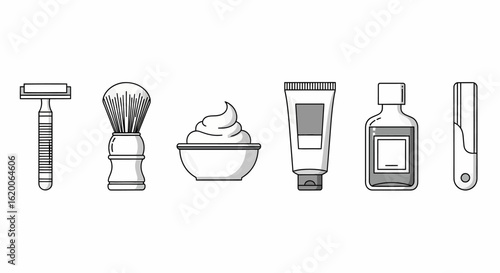 A collection of classic wet shaving tools and products, including a razor, brush, lather, cream, aftershave, and straight razor.