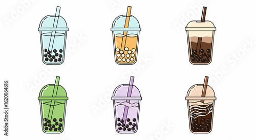 Six colorful bubble tea drinks with straws and tapioca pearls, isolated on white background.