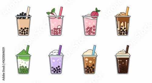 Collection of eight different cartoon-style bubble tea drinks in plastic cups with straws and various toppings, isolated on white.