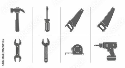 Collection of grayscale hand tools icons: hammer, screwdriver, saws, wrenches, tape measure, drill.