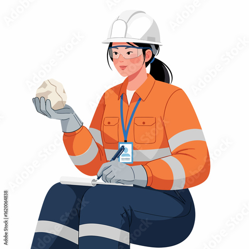 Female geologist examines rock sample, making notes on clipboard, wearing safety gear.