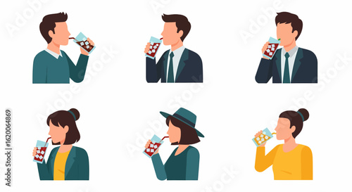 Six diverse individuals enjoying refreshing beverages, depicted in profile view.