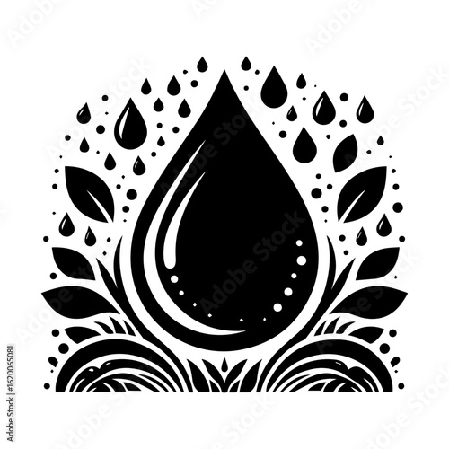 Black and White Water Drop and Leaf Design.