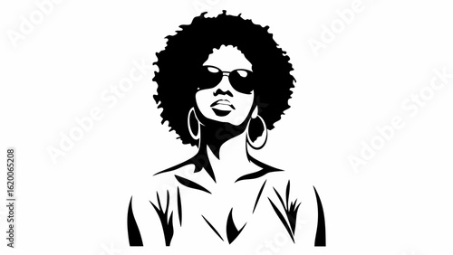 Silhouette of a woman with afro hairstyle wearing sunglasses and hoop earrings in black and white style