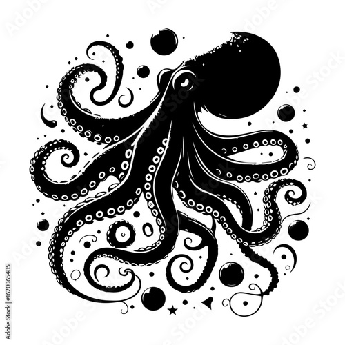 Black Silhouette Octopus with Swirling Tentacles and Bubbles.