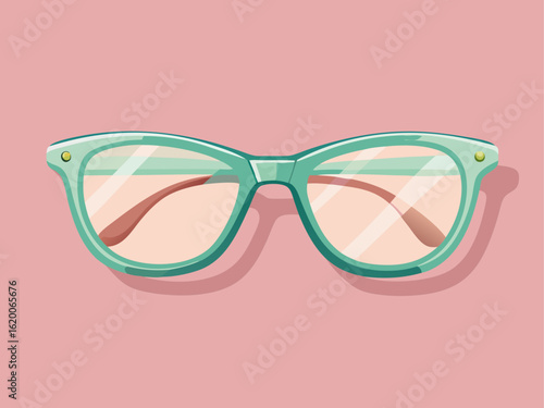 Classic reading glasses with transparent frame on soft pastel pink background, simple lifestyle item for design use