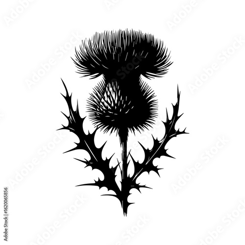 Black Silhouette of a Spiky Thistle Flower.