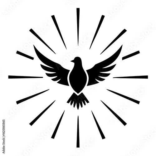 Holy spirit illustration, dove with rays beaming outward. Religious holy spirit emblem represents divine presence. Holy spirit concept, for spiritual guidance or religious art.