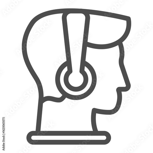 Man head with headphones line icon, music listening concept. Vector graphics. Attentive listener guy, boy sign on white background, outline style icon for mobile or web design.