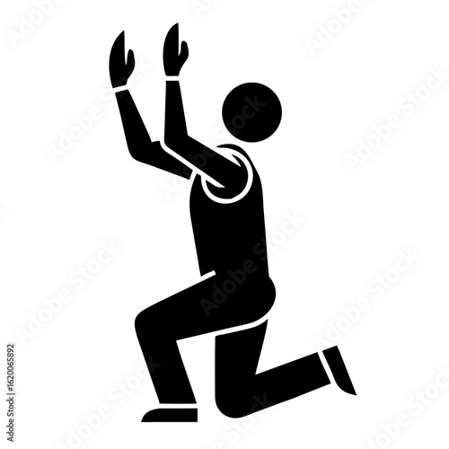Person kneeling with hands up depicted in a simple icon, a symbol of supplication. Person kneeling with hands up, illustrated against white background.