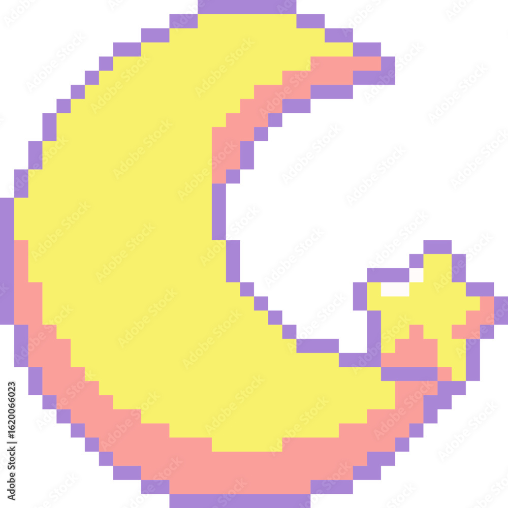 Fototapeta premium pixel illustration of a crescent moon and star
