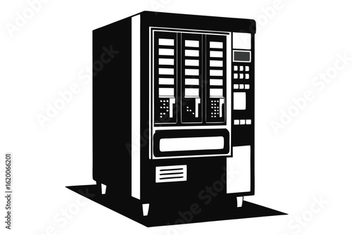 Black and White Illustration of a Detailed Vending Machine with Product Slots