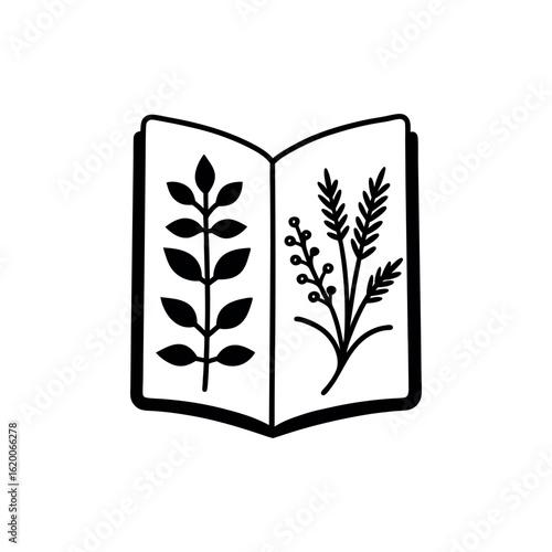 Vector art of black and white illustration of an open book with botanical drawings isolated on white background