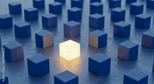 Obraz na płótnie Stand Out: Illuminated Cube Among Blue Shapes