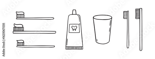 Toothpaste, toothbrush, dental cleaning equipment doodle hand drawn icon. Outline drawing toothpaste, toothbrush, line clipart symbol