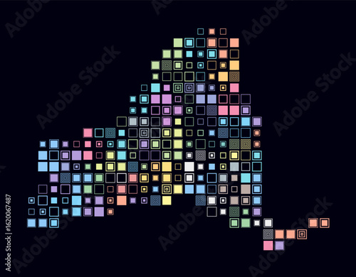 New York, shape of the state build of colored cells. Digital style map of the New York on dark background. Large size square blocks. Awesome vector illustration.