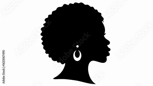 Silhouette of a woman with afro hairstyle and earring in profile facing right on a white background