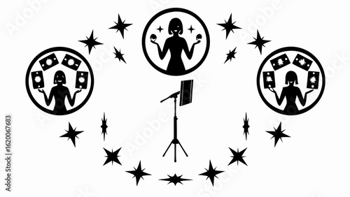 Silhouette of women juggling objects in circles surrounded by stars with a music stand in the center