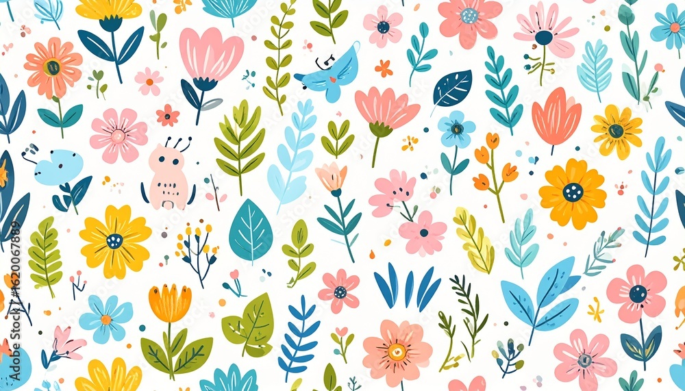 Fototapeta premium Whimsical Cartoon-Inspired Nature Pattern