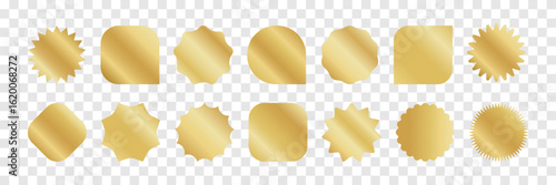 Gold foil vector price tag set with shiny metallic gradient. Various starburst badge shapes on transparent background. Great for premium label, luxury sale sticker, award certificate seal